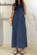 Chic Sleeveless Denim Maxi Dress - Summer Casual with Pockets for Women - Image 4