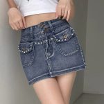 High-Waist Diamond-Pocket Vintage Denim Mini Skirt - A-Line Slim Fit - Image 5