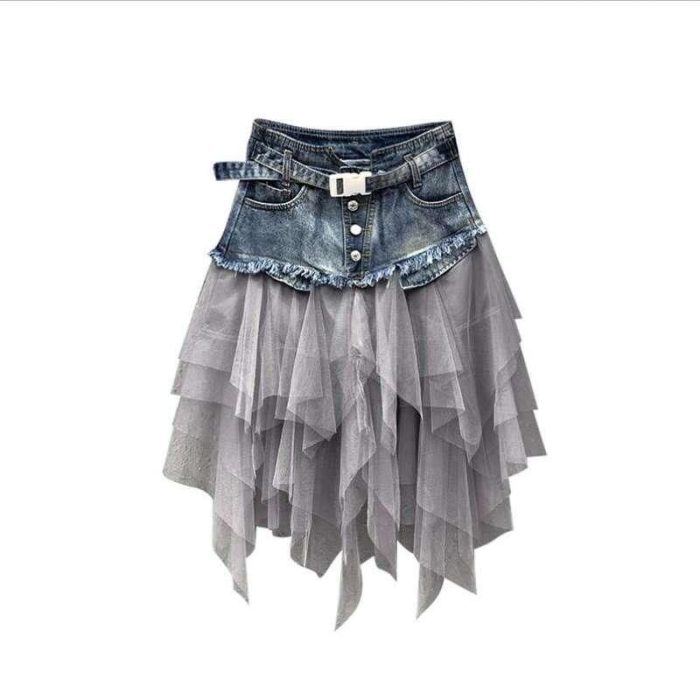High Waist Gothic Punk Tulle & Denim Skirt - Image 1