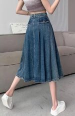 High-Waist A-Line Denim Midi Skirt - Vintage Pleated Y2K Grunge Style - Image 7