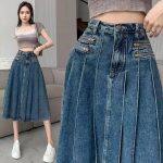 High-Waist A-Line Denim Midi Skirt - Vintage Pleated Y2K Grunge Style - Image 2