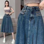 High-Waist A-Line Denim Midi Skirt - Vintage Pleated Y2K Grunge Style