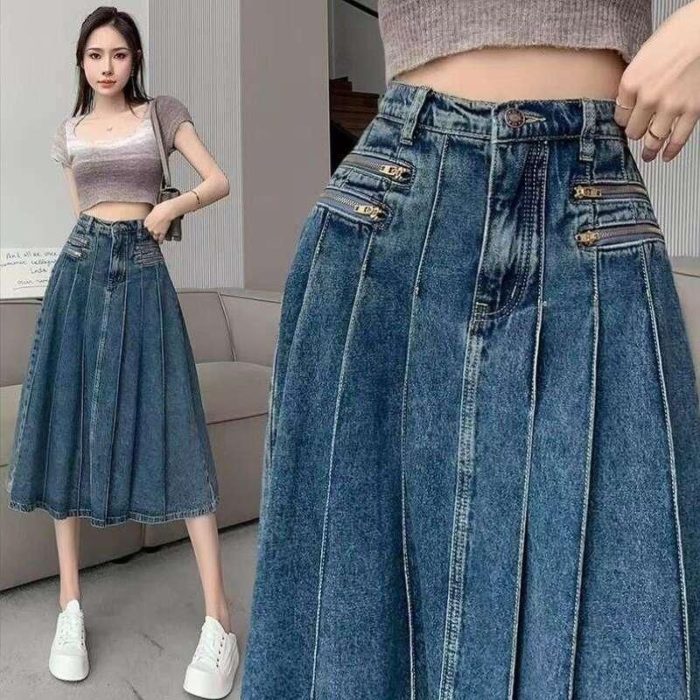 High-Waist A-Line Denim Midi Skirt - Vintage Pleated Y2K Grunge Style - Image 1