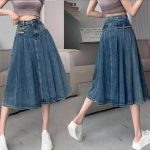 High-Waist A-Line Denim Midi Skirt - Vintage Pleated Y2K Grunge Style - Image 3