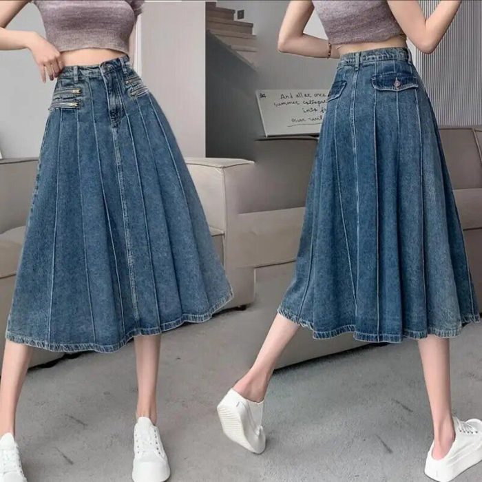 High-Waist A-Line Denim Midi Skirt - Vintage Pleated Y2K Grunge Style - Image 3