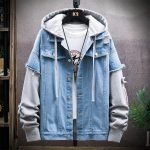 Hip Hop Hooded Denim Jacket with Knit Sleeves for Men - Image 5
