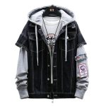 Hip Hop Hooded Denim Jacket with Knit Sleeves for Men - Image 2
