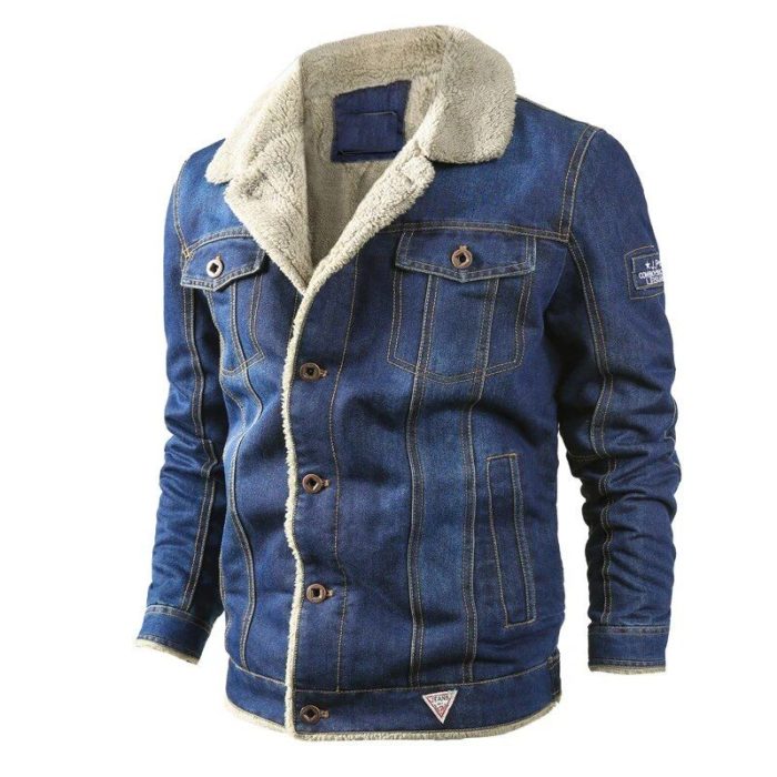 Thick Fleece-Lined Denim Jacket - Men's Warm Bomber Winter Coat in Plus Sizes - Image 4
