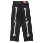 Skeleton Embroidery Baggy Denim Jeans - Men's Wide Leg Streetwear Trousers