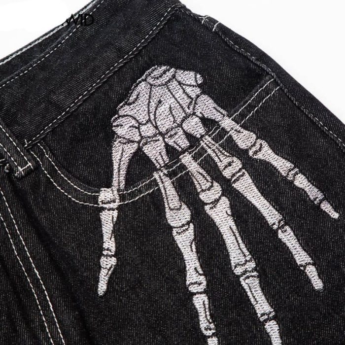 Skeleton Embroidery Baggy Denim Jeans - Men's Wide Leg Streetwear Trousers - Image 4