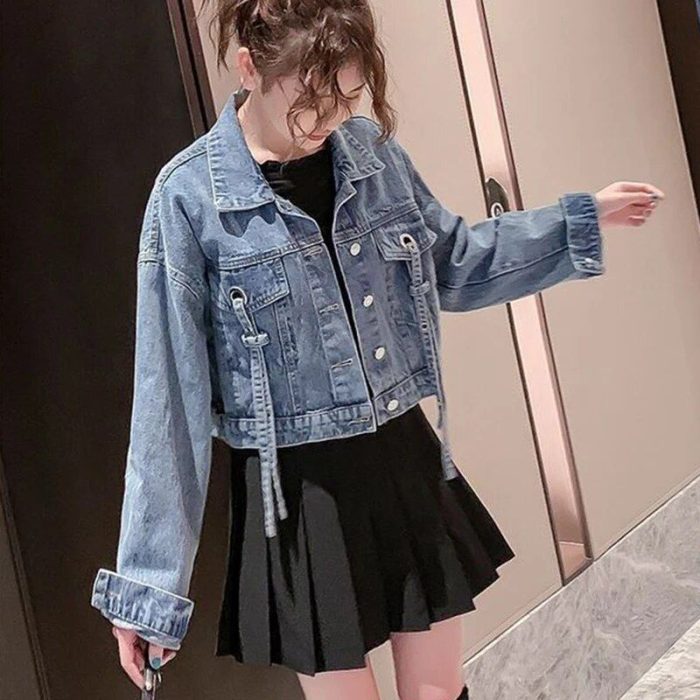 Chic Cropped Denim Jacket - Women's Lace-Up Jean Outerwear for All Seasons - Image 4