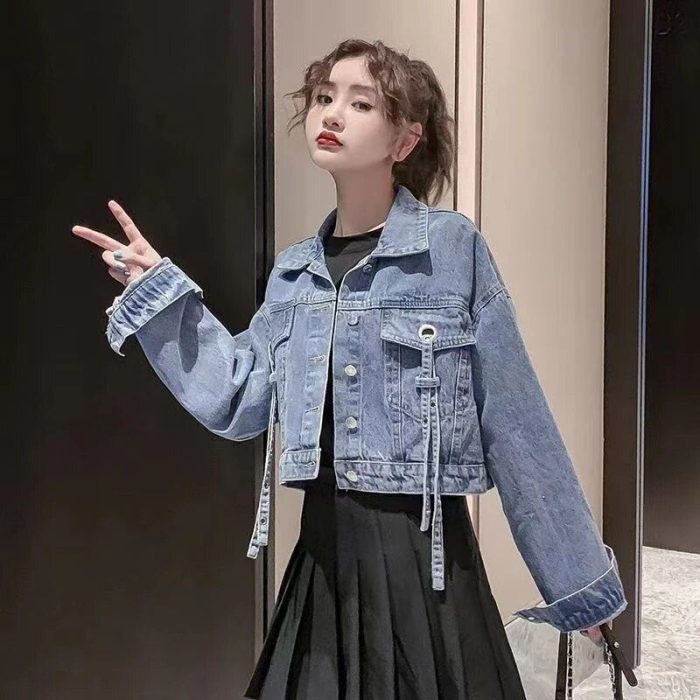 Chic Cropped Denim Jacket - Women's Lace-Up Jean Outerwear for All Seasons - Image 2