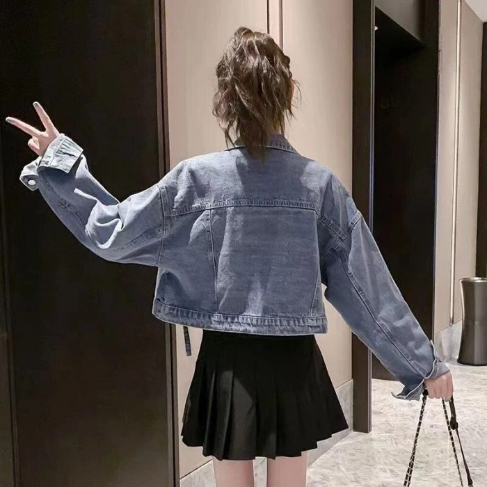 Chic Cropped Denim Jacket - Women's Lace-Up Jean Outerwear for All Seasons - Image 5