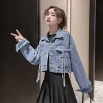 Chic Cropped Denim Jacket - Women's Lace-Up Jean Outerwear for All Seasons