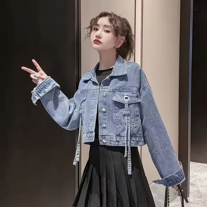Chic Cropped Denim Jacket - Women's Lace-Up Jean Outerwear for All Seasons - Image 1