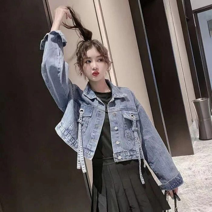 Chic Cropped Denim Jacket - Women's Lace-Up Jean Outerwear for All Seasons - Image 3