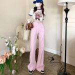 Chic Pink Flare Denim Jeans - Vintage Baggy Y2K Aesthetic - Full Length Women's Trousers - Image 4