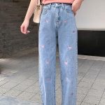 Women's Vintage Heart Embroidery High-Waist Jeans - Wide Leg Denim - Image 5