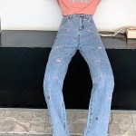 Women's Vintage Heart Embroidery High-Waist Jeans - Wide Leg Denim - Image 4
