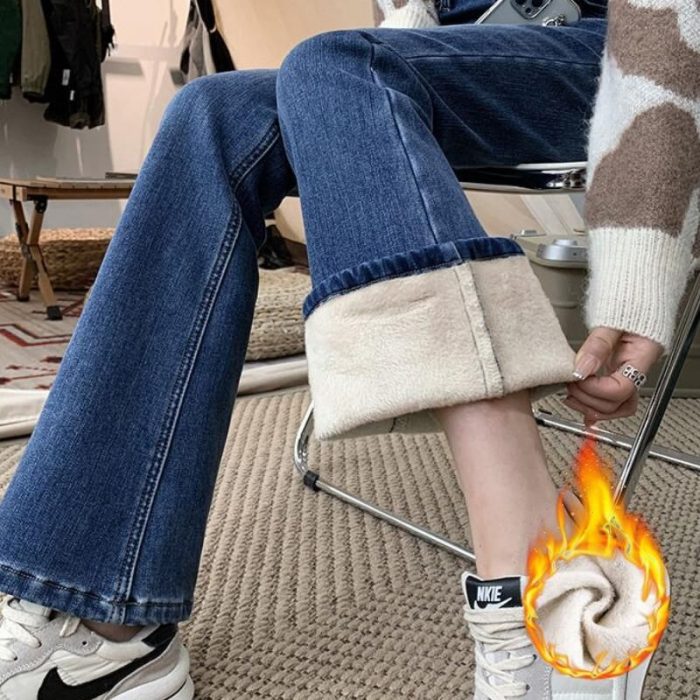 Winter Warm Fleece-Lined Flare Jeans - Mid-Waist Stretch Denim Pants for Women - Image 2