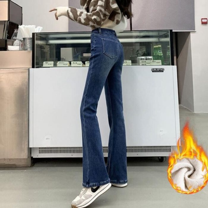 Winter Warm Fleece-Lined Flare Jeans - Mid-Waist Stretch Denim Pants for Women - Image 3
