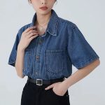 Summer Denim Blouse for Women: Casual Short Sleeve Button-Up Shirt - Image 4