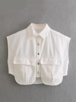 Chic Solid Color Sleeveless Denim Crop Shirt with Double Pocket - Image 4