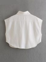 Chic Solid Color Sleeveless Denim Crop Shirt with Double Pocket - Image 5