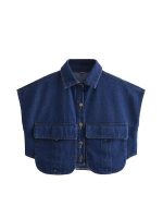 Chic Solid Color Sleeveless Denim Crop Shirt with Double Pocket - Image 6