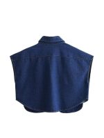 Chic Solid Color Sleeveless Denim Crop Shirt with Double Pocket - Image 7