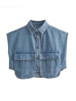 Chic Solid Color Sleeveless Denim Crop Shirt with Double Pocket - Image 2