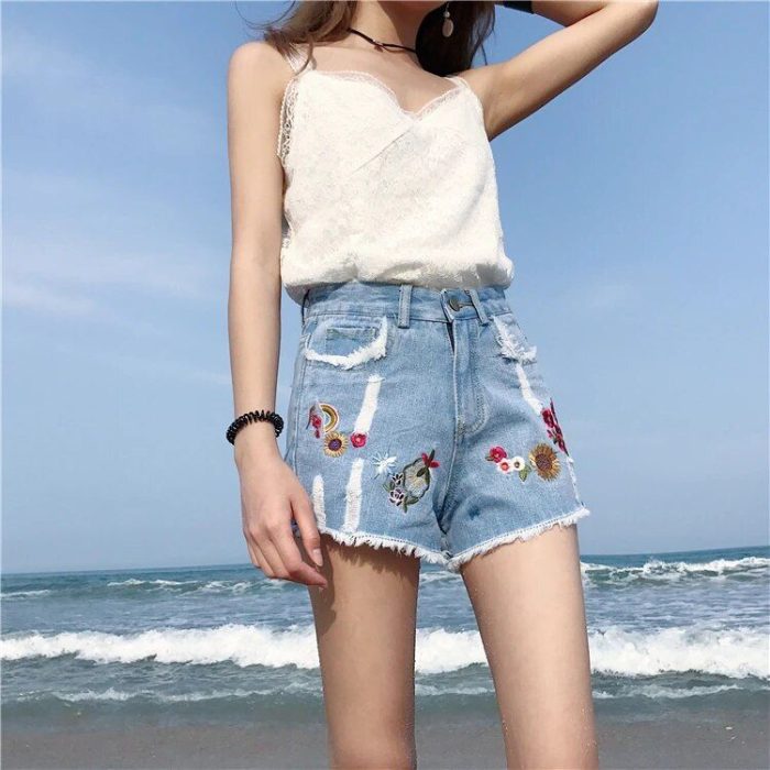 Plus Size Floral Embroidered Denim Shorts - High Waisted 4XL 5XL White Jeans Hotpants - Image 5