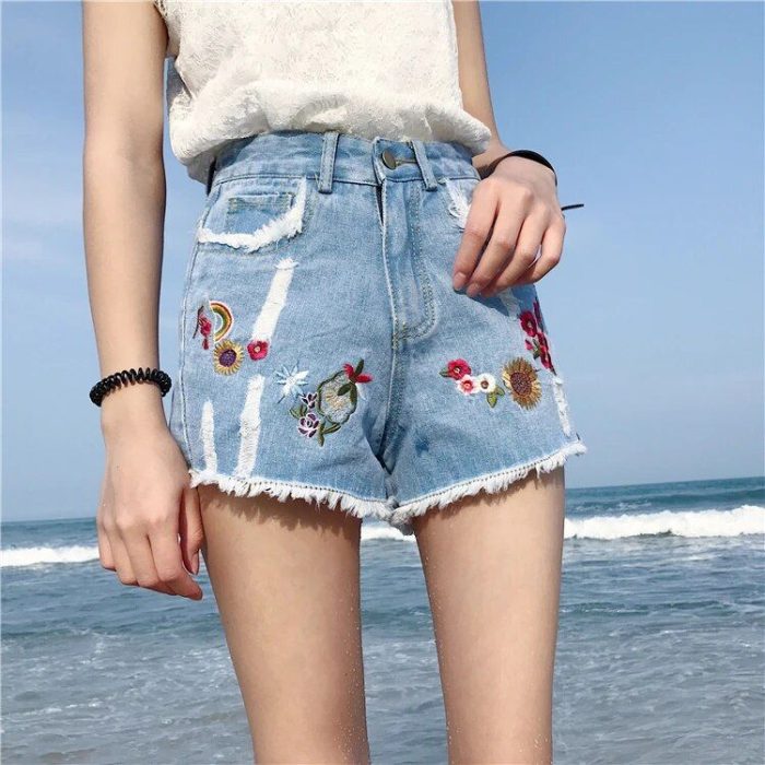 Plus Size Floral Embroidered Denim Shorts - High Waisted 4XL 5XL White Jeans Hotpants - Image 4