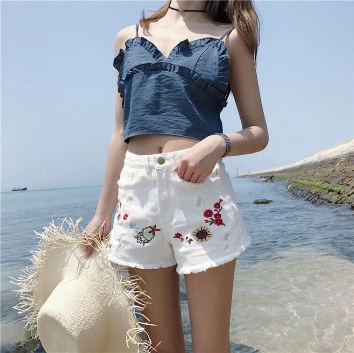 Plus Size Floral Embroidered Denim Shorts - High Waisted 4XL 5XL White Jeans Hotpants - Image 3