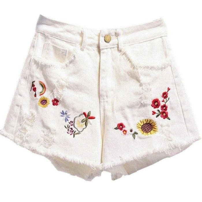 Plus Size Floral Embroidered Denim Shorts - High Waisted 4XL 5XL White Jeans Hotpants - Image 6