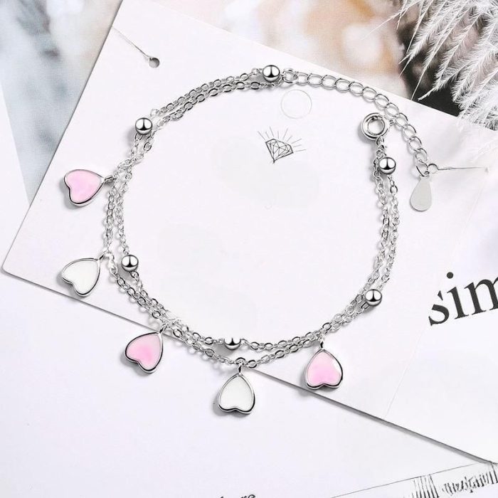 Sterling Silver Cherry Blossom Heart Charm Bracelet - Image 1