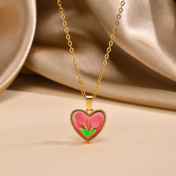 Gold Color Heart Love Tulip Pendant Necklace - Image 4