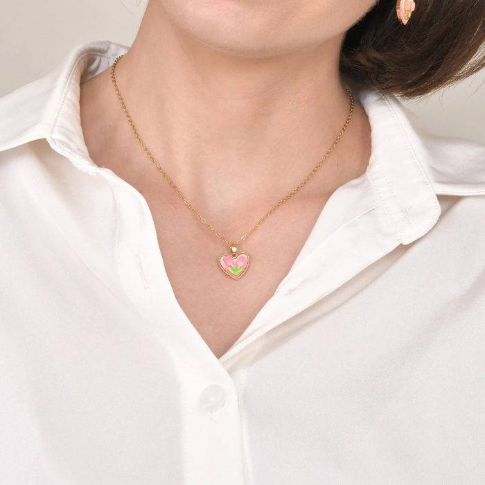 Gold Color Heart Love Tulip Pendant Necklace - Image 3
