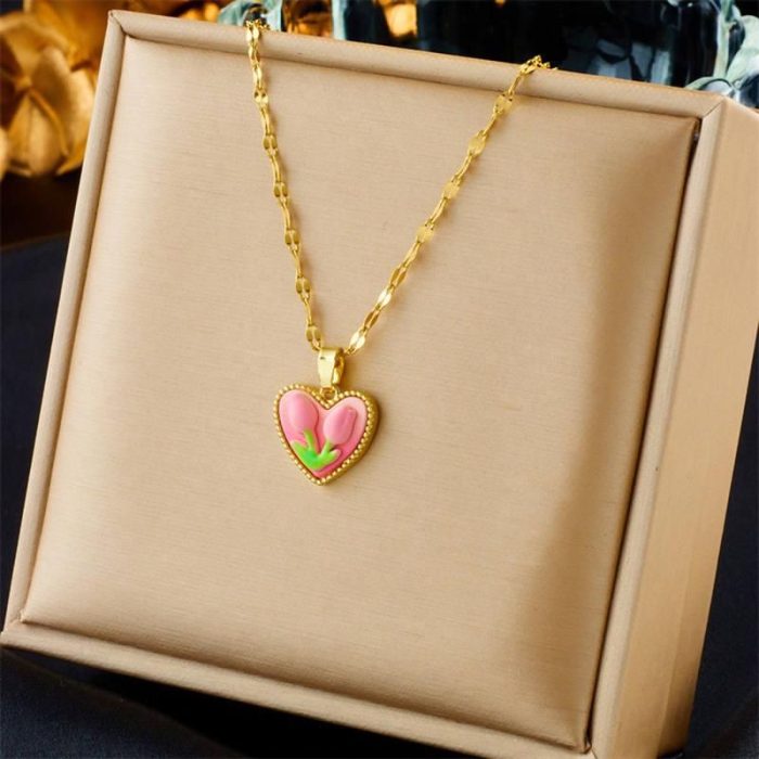Gold Color Heart Love Tulip Pendant Necklace - Image 1